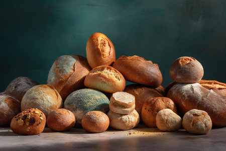Composition with bread and rolls on table against turquoise backgroundの素材