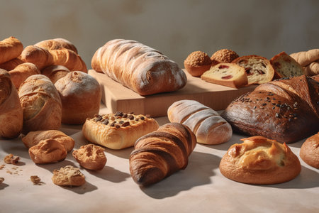 Composition with different types of bread and croissants on tableの素材
