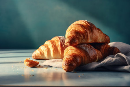 Freshly baked croissants on a blue background. Toned.の素材