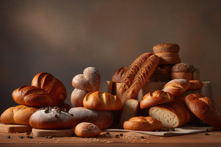 Composition with different types of bread on wooden table against dark backgroundの素材
