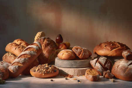 Different types of bread on the table. Bakery products background.の素材