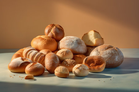 Different types of bread and rolls on a light background. Still lifeの素材