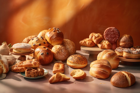 Variety of breads and croissants on table in bakeryの素材