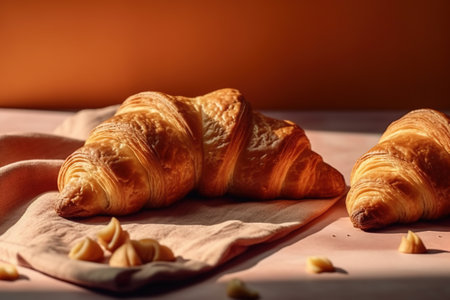 Croissants on a napkin on a brown background. French breakfast.の素材