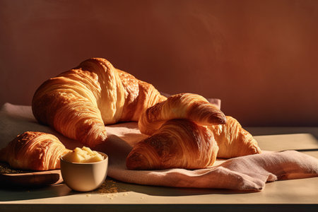 Freshly baked croissants on table in bakery shop, closeupの素材