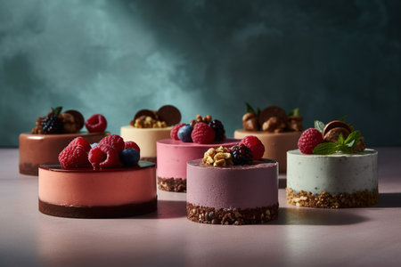 Delicious mousse cakes with fresh berries and nuts on wooden tableの素材