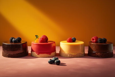 Delicious cakes with berries on orange background. Dessert concept.の素材