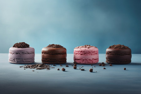 Colorful macaroons on blue background. Toned image.の素材
