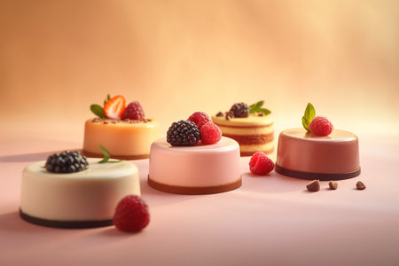 Chocolate cakes with raspberries and blackberries on a pink backgroundの素材