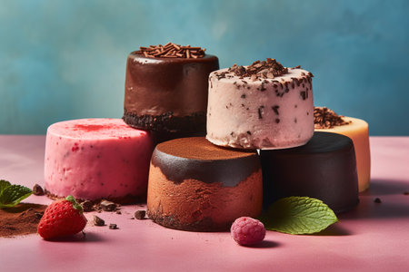 Chocolate mousse cakes with raspberries and mint on pink backgroundの素材