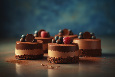Chocolate mousse with raspberries and blueberries on a wooden tableの素材