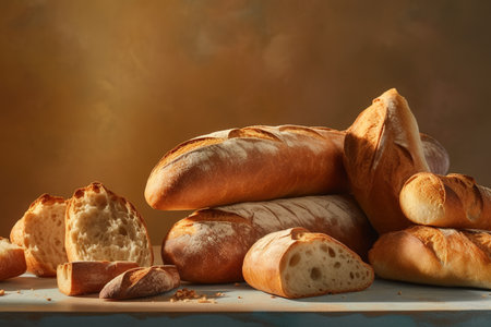 Composition with fresh bread on table against color background. Bakery productsの素材