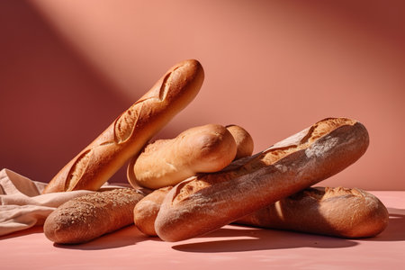 Different types of bread on a colored background. Baguettes and baguettes.の素材