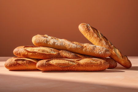 Freshly baked baguettes on the table. Brown background.の素材
