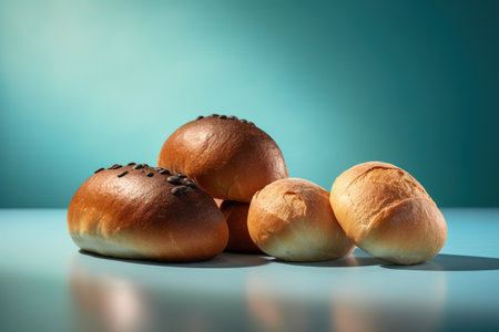 Baked buns on a blue background with copy space. Toned.の素材