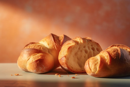 Freshly baked croissants on table against blurred background, closeupの素材