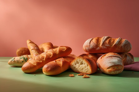 Different types of bread on a green table with a pink background.の素材