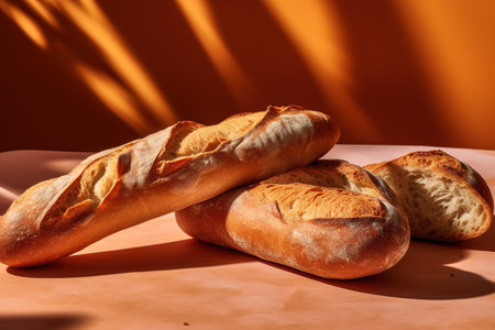 Freshly baked baguettes on a table in the sunlight.の素材