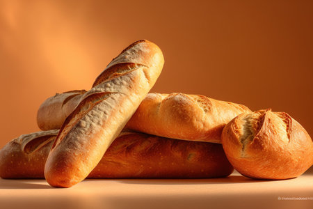 Freshly baked baguettes on orange background. French bread.の素材