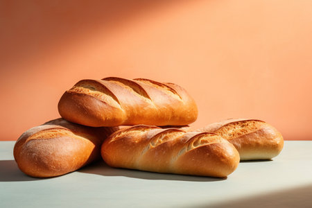 Freshly baked buns on a light background, close-upの素材