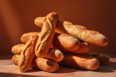 bunch of fresh baguettes on the table, close upの素材