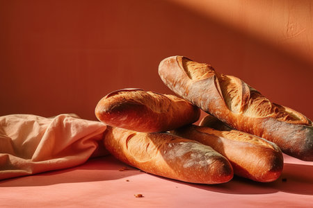 French baguettes on a red background. Selective focus.の素材