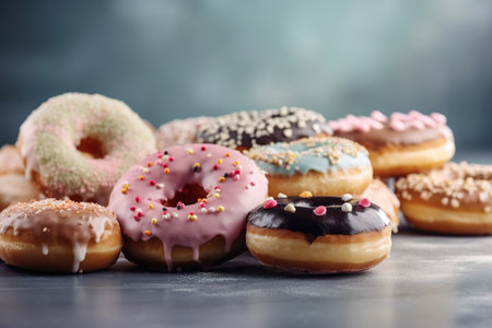 assorted donuts with chocolate frosted, pink glazed and sprinkles donuts.の素材