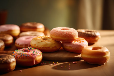 assorted donuts with chocolate frosted, pink glazed and sprinkles donuts.の素材
