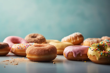 Variety of donuts with icing and sprinkles on blue backgroundの素材