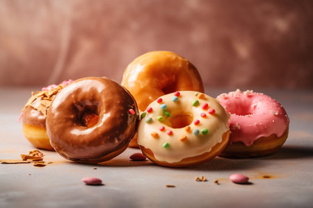 assorted donuts with chocolate frosted, pink glazed and sprinkles donuts.の素材