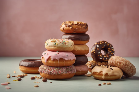assorted donuts with chocolate frosted, pink glazed and sprinkles donuts.の素材