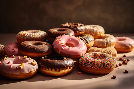 assorted donuts with chocolate frosted, pink glazed and sprinkles donuts.の素材