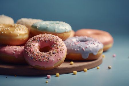 Delicious donuts on wooden board on blue background, closeupの素材