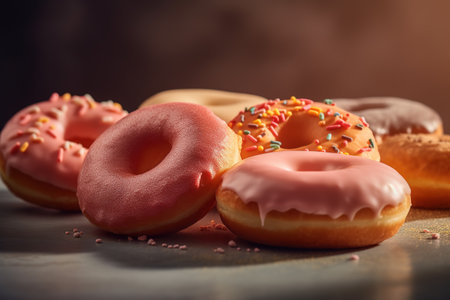 Donuts with pink glaze and sprinkles on a wooden backgroundの素材