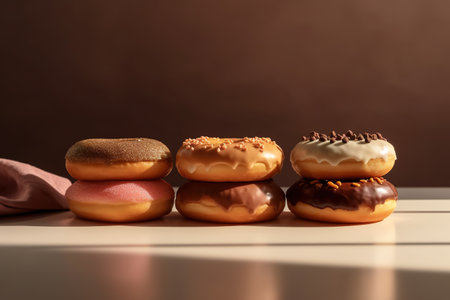 Delicious donuts on table on brown background, closeup viewの素材