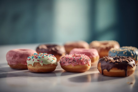 Delicious donuts with chocolate frosted and sprinkles on white tableの素材