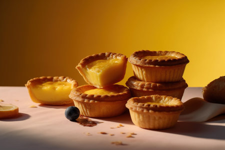 Egg tartlets with raisins and blueberries on yellow backgroundの素材