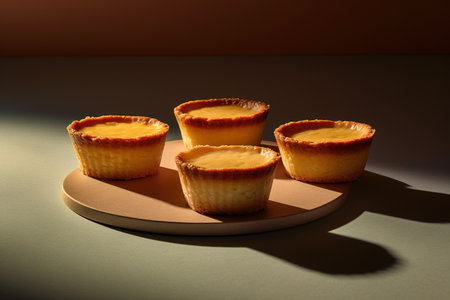 Three tartlets with cream on a plate on a dark background.の素材
