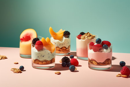 Greek yogurt with granola and fresh berries in glasses on pink and blue backgroundの素材