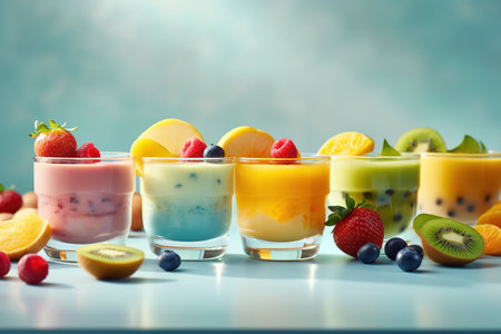Fruit yogurt in glass with fresh fruits and berries on blue backgroundの素材