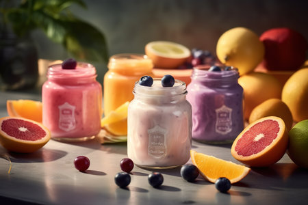 Fruit smoothies in a glass jar on a dark background. Healthy eating concept.の素材