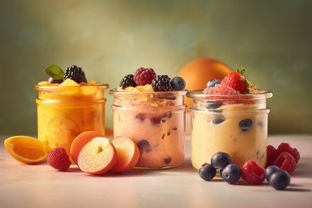 Healthy breakfast. Oatmeal with berries and yogurt in glass jars on wooden tableの素材