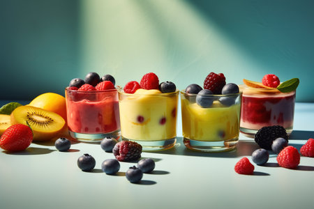 Fruit dessert in glass on blue background. Healthy food concept.の素材
