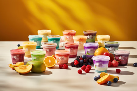Fruit ice cream in plastic cups on a white table with copy spaceの素材