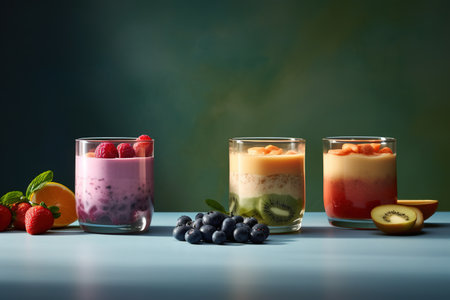 Healthy breakfast. Strawberry, blueberry, orange and kiwi smoothies in glasses.の素材
