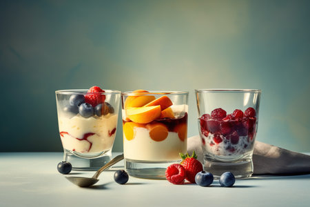 Healthy breakfast - yogurt with berries and fruits in glasses on blue backgroundの素材