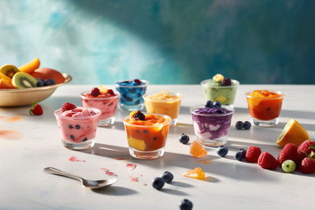 Colorful smoothies with berries in glass cups on white wooden tableの素材