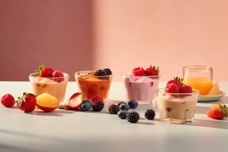 Three glasses of yogurt with berries and fruits on a white table.の素材