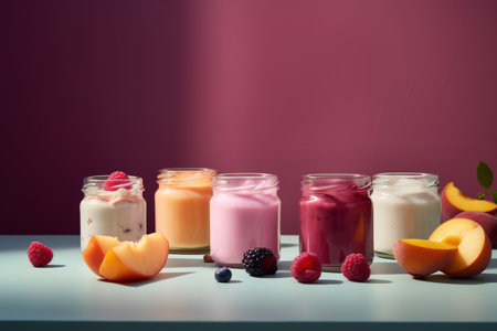 Healthy yogurt in glass jars with fresh fruits and berries on tableの素材