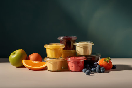Jars with different jams and fresh fruits on table against dark backgroundの素材
